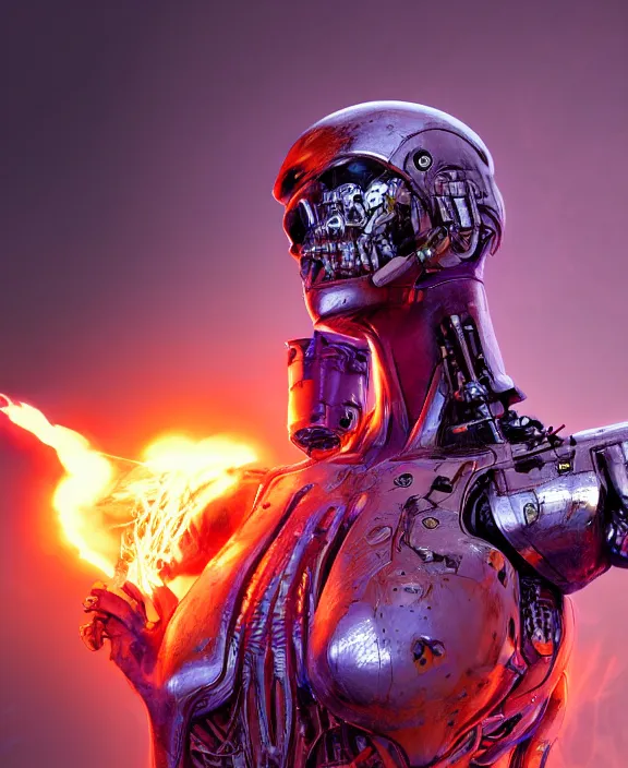 Prompt: an upper body portrait of a cyborg soldier burning with purple fire, by hr giger and beksinski and stephan martiniere, 4 k resolution, detailed, 3 d render, unreal engine, octane render, trending on artstation