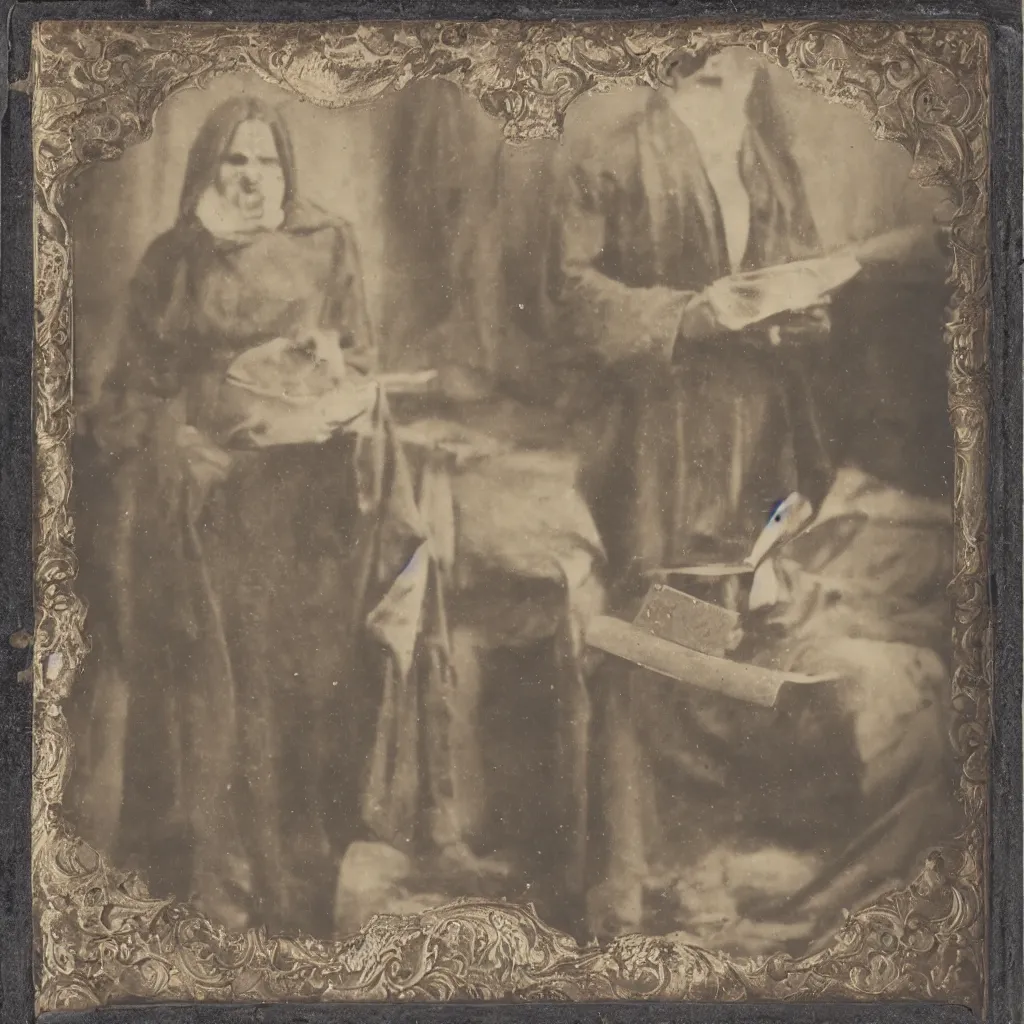 Prompt: tintype of a pagan cultist with occult books