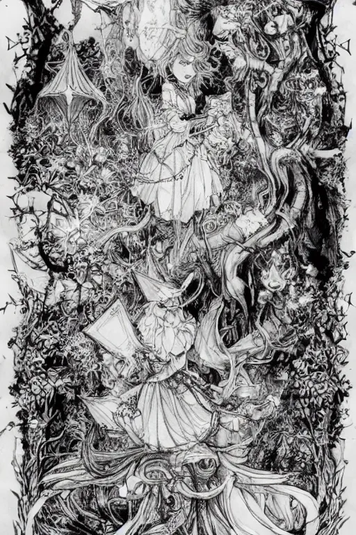 Image similar to Magical Alice in wonderland tarot card , pen and ink, intricate line drawings, by Yoshitaka Amano, Ruan Jia, Kentaro Miura, Artgerm, watercolor