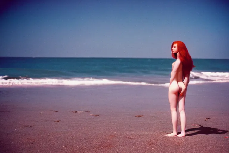 Image similar to 35mm color lomography, beautiful ideal sensual tender redhead woman, on the lonely beach