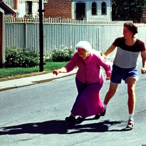 Prompt: candid photo of Aphex Twin chasing an old lady down the street, sunny day,