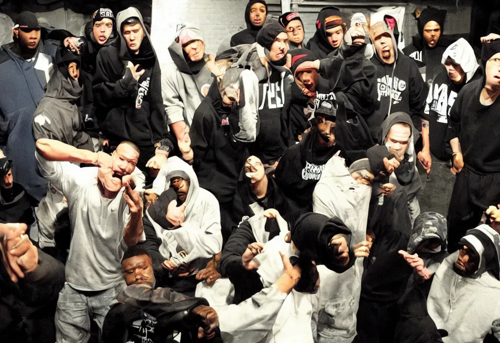 Prompt: john cena in a hoodie during a rap battle held in a warehouse. Rap battle from the movie 8 mile.