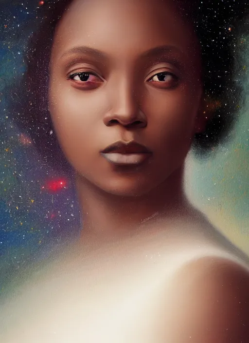 Image similar to oil painting close up portrait of a contemplative young black woman with long flowing hair in a white dress, with white roses, surrounded by colorful nebula stardust galaxies at sunset, hazy, digital art, chiaroscuro, artstation, cinematic, golden hour, concept art, digital art painting by greg rutkowski, william - adolphe bouguereau, hazy atmosphere, cinematic lighting