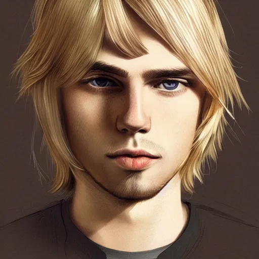 Image similar to a young blond man with long hair wearing a brown shirt, a character portrait by lydia field emmet, trending on cg society, photorealism, wiccan, handsome, ilya kuvshinov