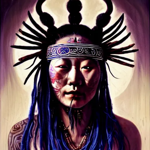 Image similar to A young blindfolded shaman japanese woman with a decorated headband performing a pagan ritual, in the style of heilung, blue hair dreadlocks and wood on her head, tribal piercing and tatoos , atmospheric lighting, intricate detail, cgsociety, ambient light, dynamic lighting, art by karol bak