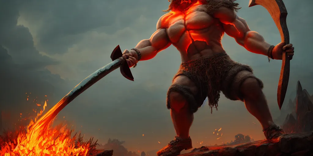 Image similar to painting of thunder giant holding a fire axe, immaculate scale, hyper-realistic, Unreal Engine, Octane Render, digital art, trending on Artstation, 8k, detailed, atmospheric, immaculate