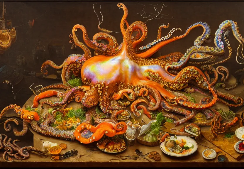 Prompt: an opulent banquet of food covered with colorful octopus, there are iridescent nudibranch and slime molds flying everywhere, reclaimed lumber, detailed and intricate environment, hyperrealism, food photography, rembrandt