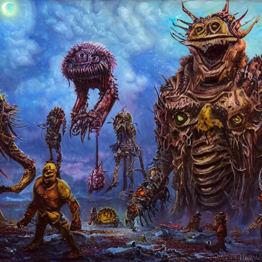 Prompt: extraterrestrial brutal warfare between rival warlords, violent, on ancient post - apocalyptic planet, jim henson creature shop, vivid and colorful, thomas kincaid, cinematic, oil painting, highly detailed, illustration