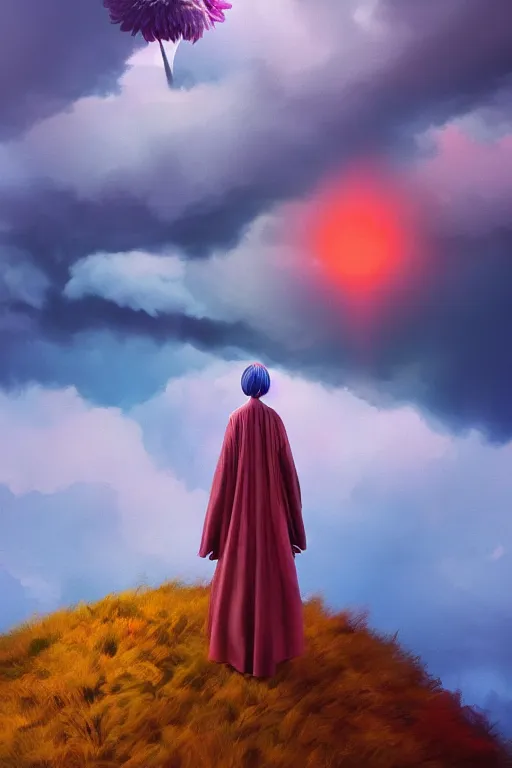 Image similar to closeup giant dahlia flower over the head, girl standing on mountain, surreal photography, blue storm clouds, dramatic light, impressionist painting, digital painting, artstation, simon stalenhag