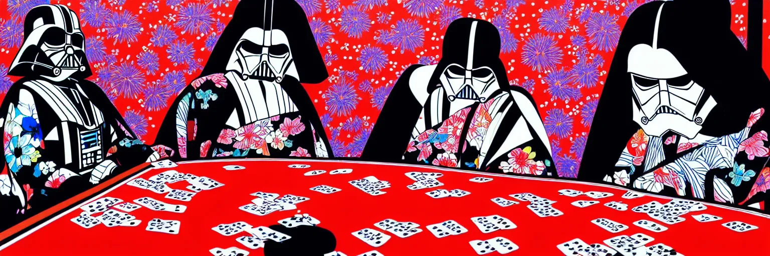 Image similar to hyperrealism composition of the detailed woman in a japanese kimono sitting at an extremely detailed poker table with darth vader and stormtrooper, fireworks on the background, pop - art style, jacky tsai style, andy warhol style, acrylic on canvas