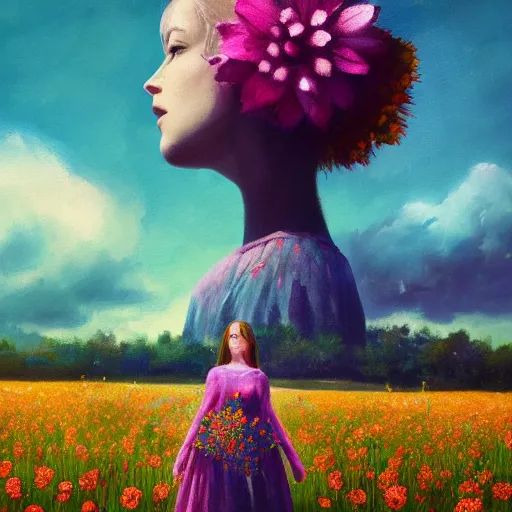 Image similar to girl with a singular flower for a head, surreal photography, dream, standing in flower field, magical, in a valley, sunrise dramatic light, impressionist painting, colorful clouds, artstation, simon stalenhag, flower face