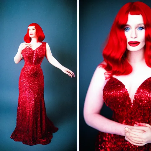 Prompt: film portrait, fine art photography of bryce dallas howard as jessica rabbit, head and shoulders photography. red sequin ballgown dress. kodak ektar 4 0 0. canon f 1. 2. detailed, realistic