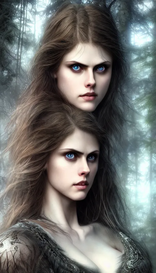 Prompt: photo of a gorgeous nordic female in a dark forest in, alexandra daddario face, realistic, sharp focus, 8 k high definition, insanely detailed, intricate, elegant, art by stanley lau and artgerm, luis royo, greg kutkowski