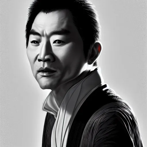 Image similar to portrait painting of a 3 0 - year - old chinese man, taoist priest, dressed in black and white taoist robe, like andy lau, immortal bone, affable ， wenjun lin, unreal engine 5 highly rendered, global illumination, radiant light, detailed and intricate environment