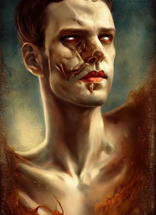 Image similar to an ominous portrait of a burned man with beautiful blue eyes and short brown hair, art by manuel sanjulian and tom bagshaw