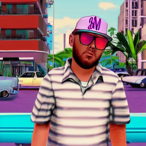 Prompt: mac miller, in gta vice city, screenshot