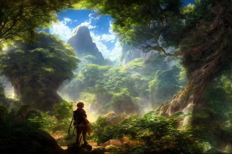 Image similar to a detailed of the greatest explorer emerging from the jungle as a shonen anime protagonist, 1 8 th century south america, octane render, 8 k, volumetric lighting, in the style of disney, art by albert bierstadt and thomas moran