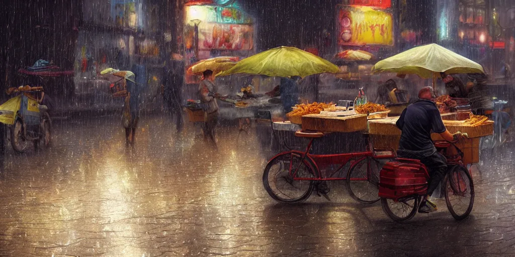 Image similar to Street food vendor prepares your meal as it rains, cozy wallpaper, 4k, high details, volumetric dynamic lighting, motion blur, blur, bokeh, trending on Artstation, award-winning, art by Chris Moore, by Greg Rutkowski