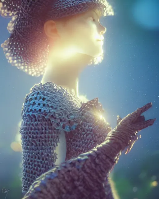 Image similar to macro closeup headshot of a beautiful seductive crochet doll wearing full plate armor, d & d, fantasy, rim light, volumetric lighting, digital painting, artstation, concept art, smooth, sharp focus, illustration, art by arney freytag, glamour pose, greg rutkowski, maxfield parrish and alphonse mucha, sunrise, new art nouveau, soft ambient lighting, particle effects