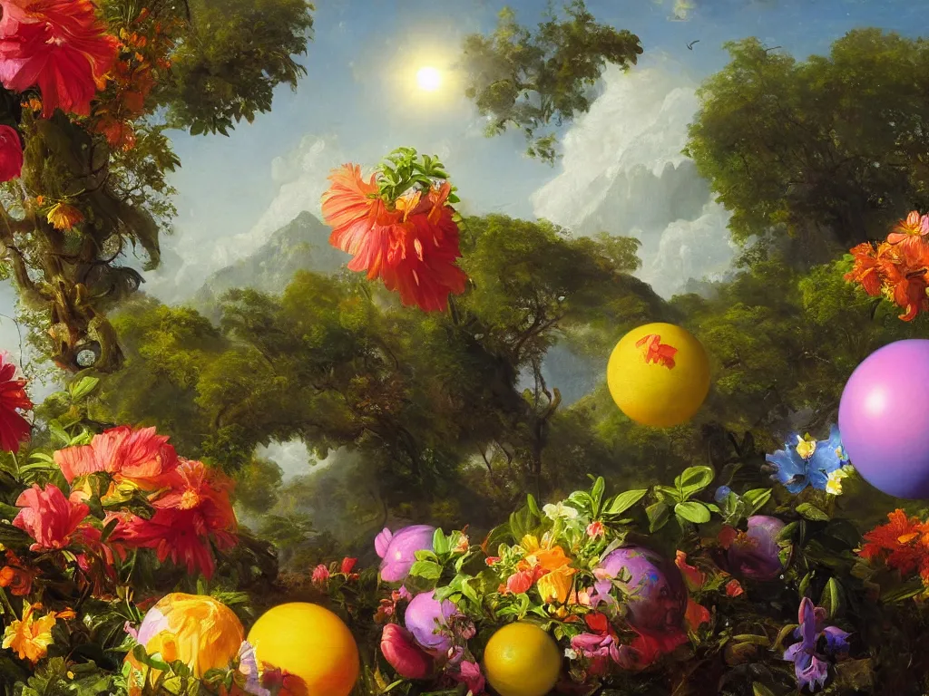 Prompt: kauai springtime orbs, sunlight study, by jan davidsz de heem!! and ( ( ( ( ( lisa frank ) ) ) ) ) and frederic edwin church, oil - painting, 3 d render, art nouveau, 8 k, extreme detail, sharp focus, octane render