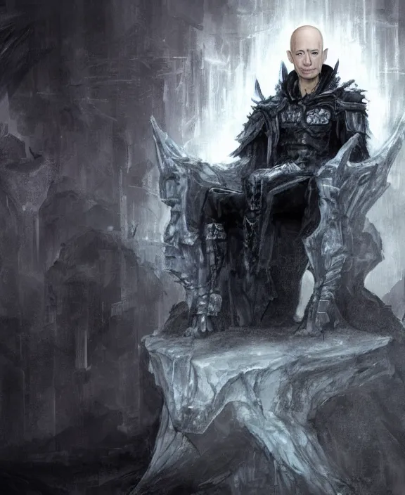 Image similar to a grimdark fantasy concept art portrait of jeff bezos sitting on a dark and evil throne