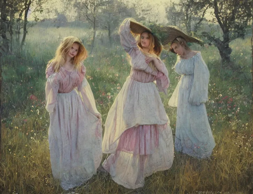 Prompt: peasant girls ivana kupala, midsommart, cottage core, cinematic focus, polaroid photo bleached vintage pastel colors high - key lighting, soft lights, foggy, by steve hanks, by lisa yuskavage, by serov valentin, by tarkovsky, 8 k render, detailed, oil on canvas