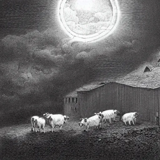 Image similar to pig in a tuxedo coming out of a barn, dark, moon, dark clouds, high detail, dramatic light, drawing gustave dore