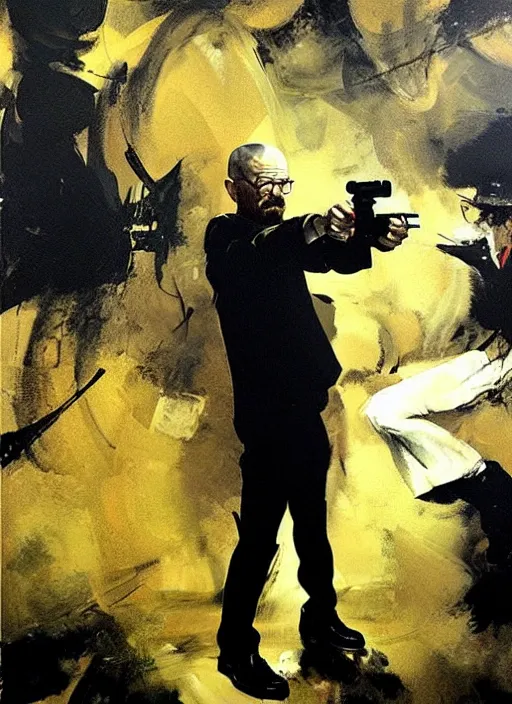 Image similar to walter white holding gun, painting by phil hale, francisco goya,'action lines '!!!, graphic style, visible brushstrokes, motion blur, blurry