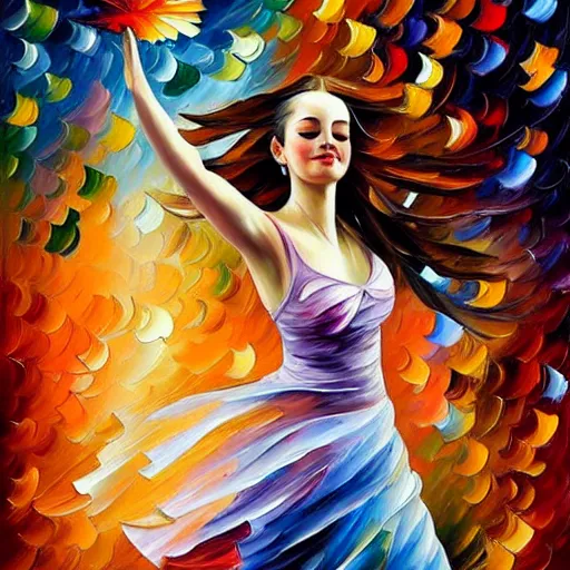 Image similar to highly detailed painting of a beautiful young woman, dancing in the rain, intricate, high quality oil painting artstyle, in the style of leonid afremov, deviantart, figurative art, deviantart, ilya kuvshinov, lovecraftian, very detailed face, portrait