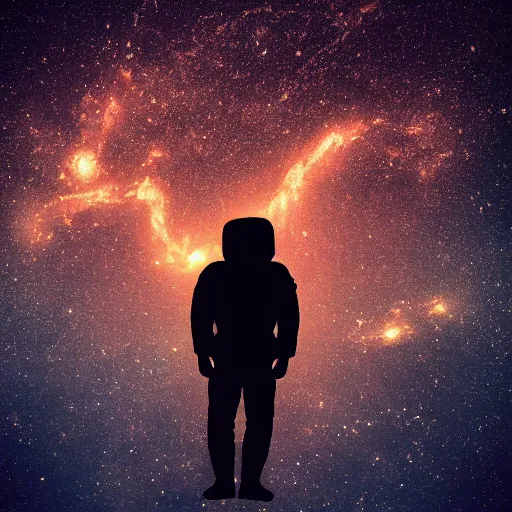 Image similar to astronaut silhouette with arms extended forward, bottom of arms lit by light coming from off camera, light coming from below, starry sky background, lit from below, full body photo,, 8 k