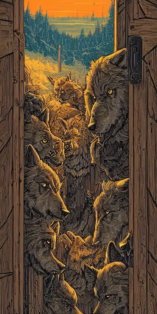 Prompt: wolves at the door by Dan Mumford