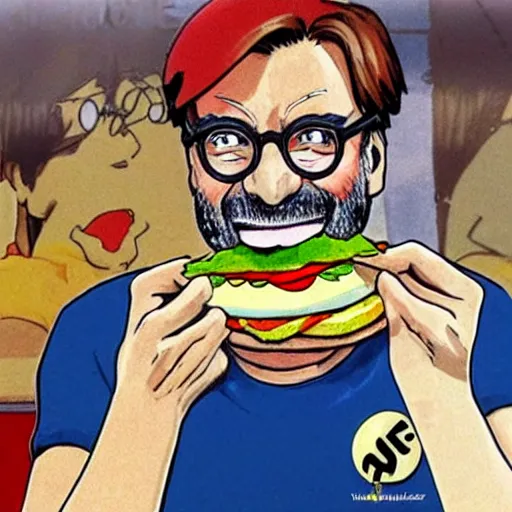 Prompt: jurgen klopp eating a hamburger, manga, anime