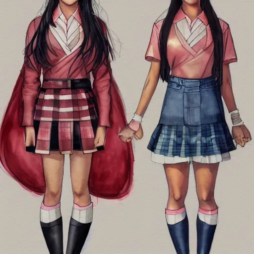 Image similar to a perfect, realistic professional digital sketch for a movie, two Japanese schoolgirls posing, in style of Marvel, full length, by pen and watercolor, by a professional American senior artist on ArtStation, a high-quality hollywood-style sketch, on high-quality paper