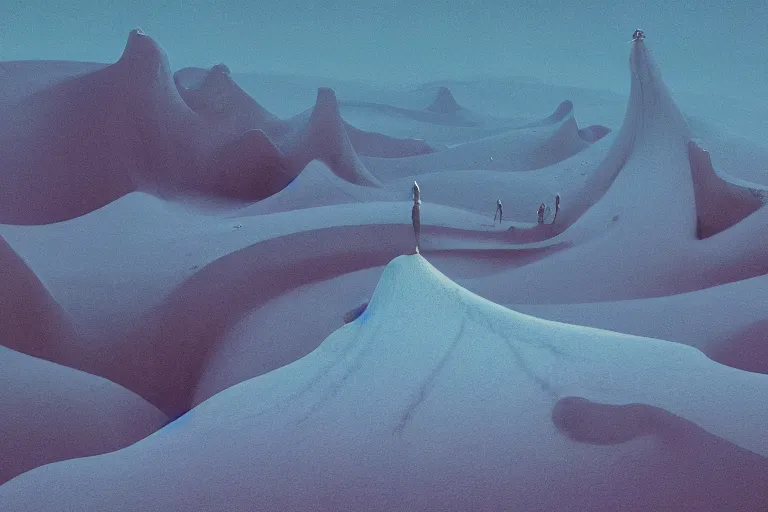 Image similar to a hd render of a surreal frozen landscape, by beeple and zdzisław beksinski, blue color scheme