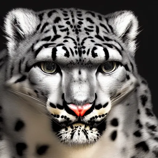 Prompt: photorealistic snow leopard. hyperdetailed photorealism, 1 0 8 megapixels, amazing depth, high resolution, 3 d shading, 3 d finalrender, 3 d cinematic lighting, glowing rich colors, psychedelic overtones, artstation concept art.