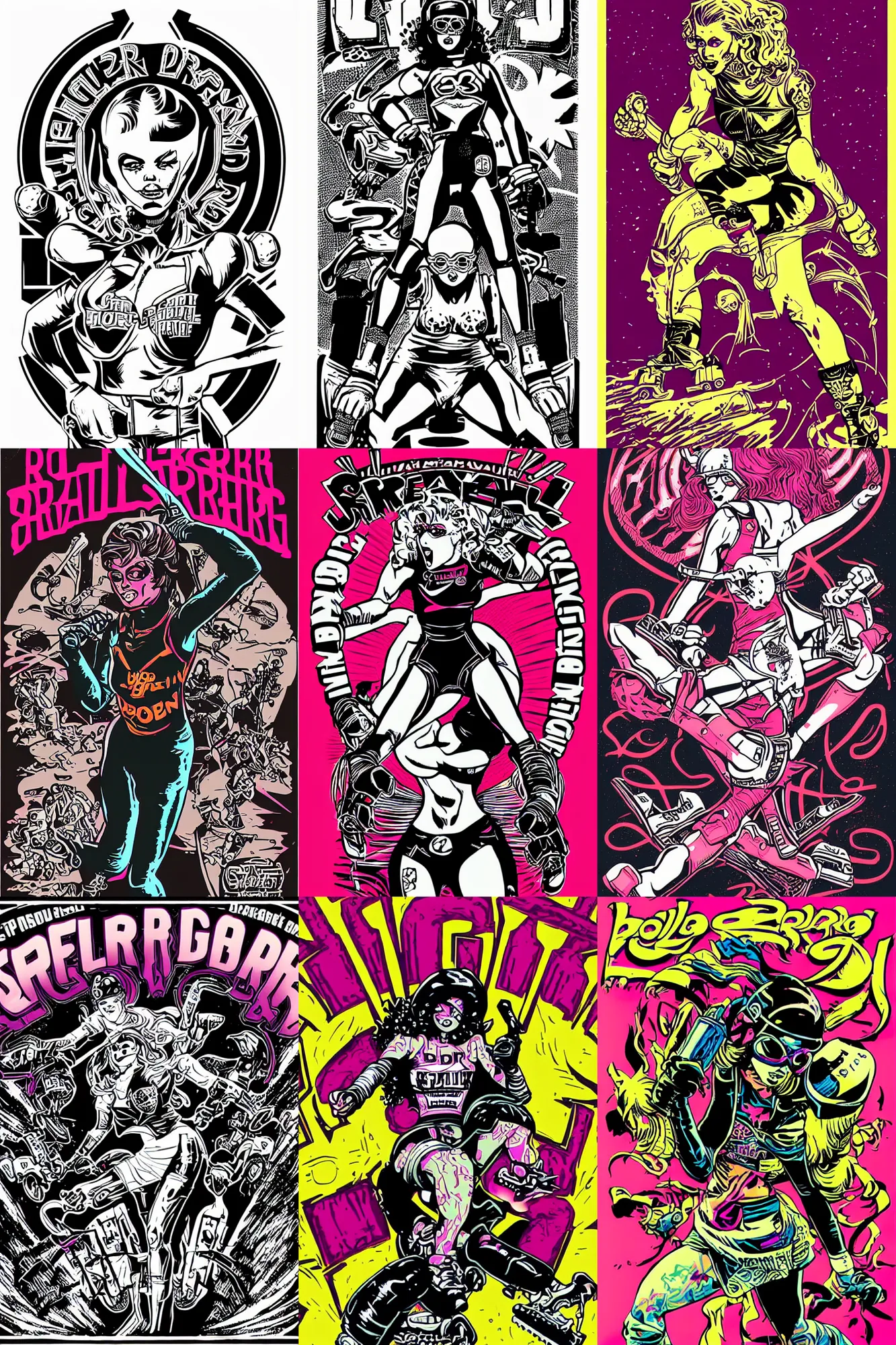 Prompt: roller derby girl sprinting Cross-Over, full length portait, logo design by Philippe Caza