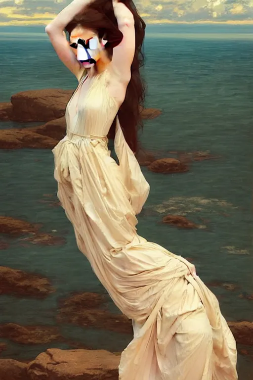 Image similar to a beautiful stoya wearing a dress emerging from the water, oil on canvas, sensuality, artstation, by j. c. leyendecker and edmund blair leighton and charlie bowater, instagram photo