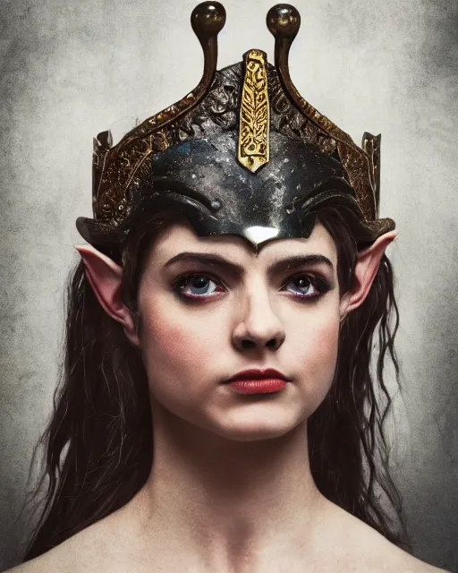 Image similar to photorealistic head and shoulders photo of beautiful victorian female ornate fantasy greek elf spartan warrior goddess, confident, Neil Blevins, Frank frazetta, arney freytag, Ritu Kumar, Sabyasachi Mukherjee, Annie Leibowitz, Magic the gathering,octane, bokeh, 8k, fashion pose, cinematic, 28mm