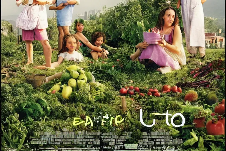 Image similar to An Utopia : In a large city, old roads are transformed into a gardens growing fruits and vegetables, a family composed of two women from different etnicity and a genderless child, are having a Picnic and reading philosophy by Eric Rohmer, close-up, 8K, award winning movie, 16mm, very beautiful, stunning, calm atmosphere, warm