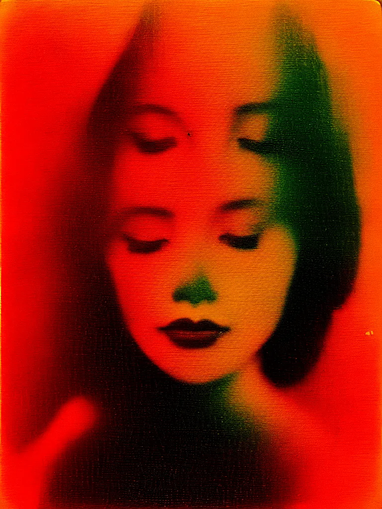 Image similar to a woman's face in the water, serene emotion, new polaroid, glitchy patterns, hazy, red, orange, yellow, soft lighting