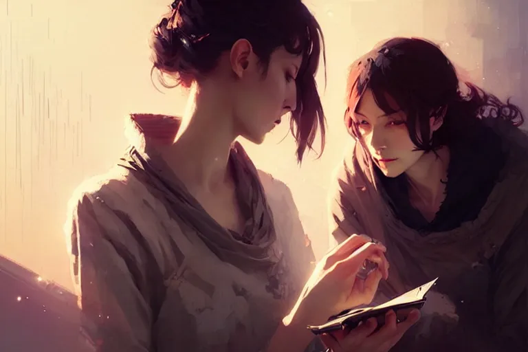 Image similar to portrait of two wise and very beautiful women discussing some texts appearing in a computer screen, art by guweiz and greg rutkowski, intricate, elegant, highly detailed, smooth, sharp focus, artstation