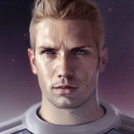 Image similar to portrait of a man with scared expression by greg rutkowski, he is about 3 0 years old, short blond hair, athletic and strong, straight jaw, wearing futuristic space gear, highly detailed portrait, digital painting, artstation, concept art, smooth, sharp foccus ilustration, artstation hq.