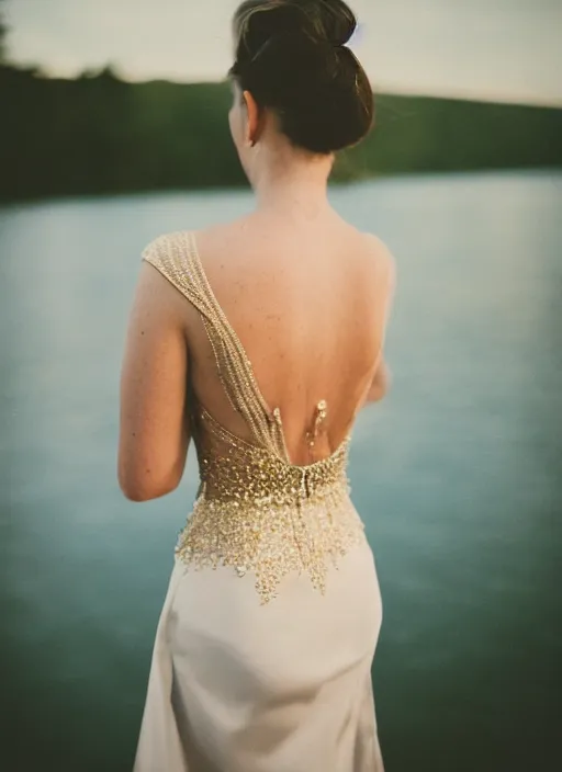 Prompt: a 2 8 mm holga photo from the back of a woman in a formal gown at the edge of a lake, splash art, movie still, bokeh, canon 5 0 mm, cinematic lighting, dramatic, film, photography, golden hour, depth of field, award - winning, anamorphic lens flare, 8 k, hyper detailed, 3 5 mm film grain