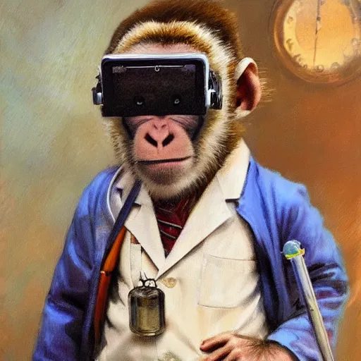 Image similar to portrait of a monkey doctor working chemical lab, artwork by gaston bussiere, craig mullins, trending on artstation, monkey dressed as a scientist, using googles and wearing a doctor coat