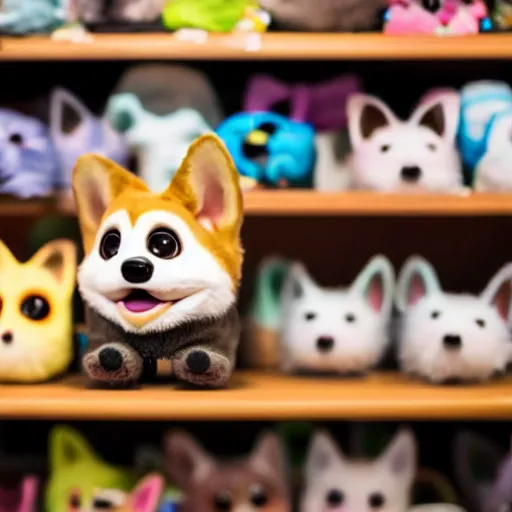 Prompt: photograph of a corgi furby toy on a store shelf