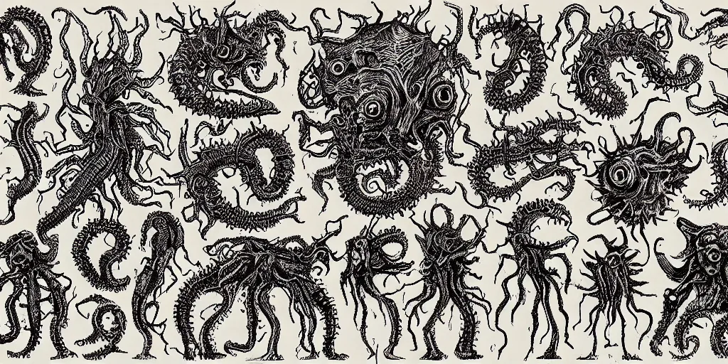 Prompt: detailing reference sheet of lovecraftian unnamed creatures in the style of copper plate etching