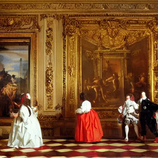 Image similar to fine art, oil on canvas baroque style by diego velasquez. the interior of the palace of versailles in france. fine art in the walls and