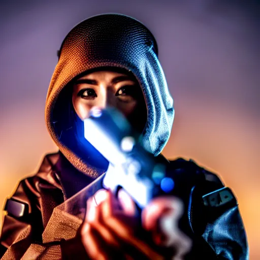 Prompt: photographic portrait of a techwear woman presenting a bullet, closeup, on the rooftop of a futuristic city at night, sigma 85mm f/1.4, 4k, depth of field, high resolution, full color, award winning photography