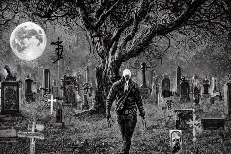 Prompt: dead anarchist walking through a cemetery, middle finger, pirate flag in his pocket, evil dead face, leather coat, dark night, full moon, crowd of zombies and walking deads around, crows on the oak tree, highly detailed digital art, photorealistic