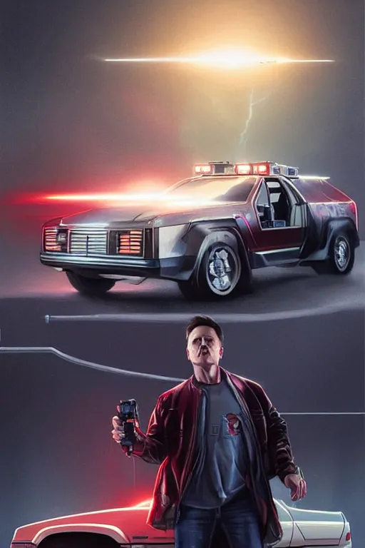 Prompt: elon musk as marty mcfly near cybertruck, realistic portrait, symmetrical, highly detailed, digital painting, artstation, concept art, smooth, sharp focus, illustration, cinematic lighting, art by artgerm and greg rutkowski and alphonse mucha